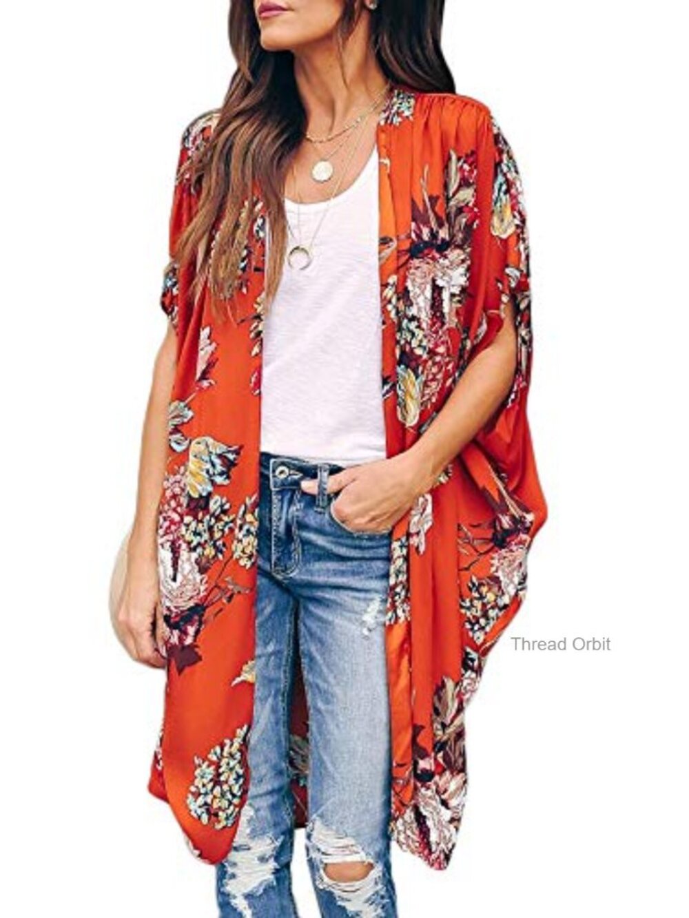 Ivay Womens Floral Kimono Duster Cardigan Short Sleeve Sheer Oversized Beach